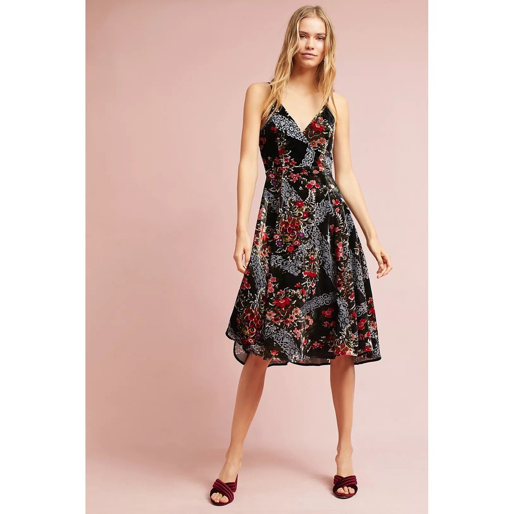 Anthropologie Womens  Floral Burnout Whimsigoth Midi Dress Size 6 Romantic Boho